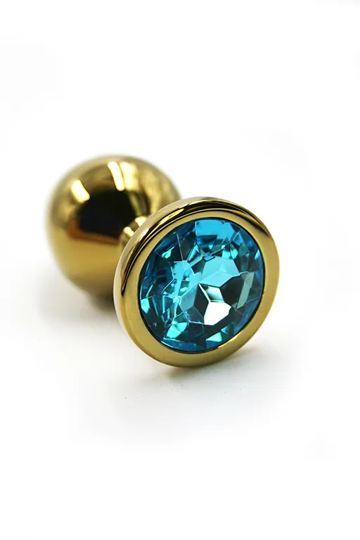 Золотистая анальная пробка с нежно-голубым кристаллом (Small)