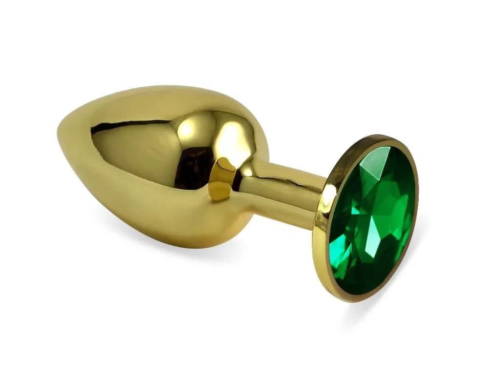 Анальная пробка Lovetoy золотистая, с зеленым камнем