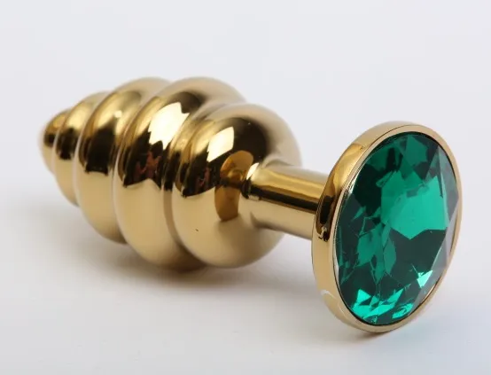 Анальная пробка фигурная золото с зеленым стразом 8х3,5см 47473-6MM