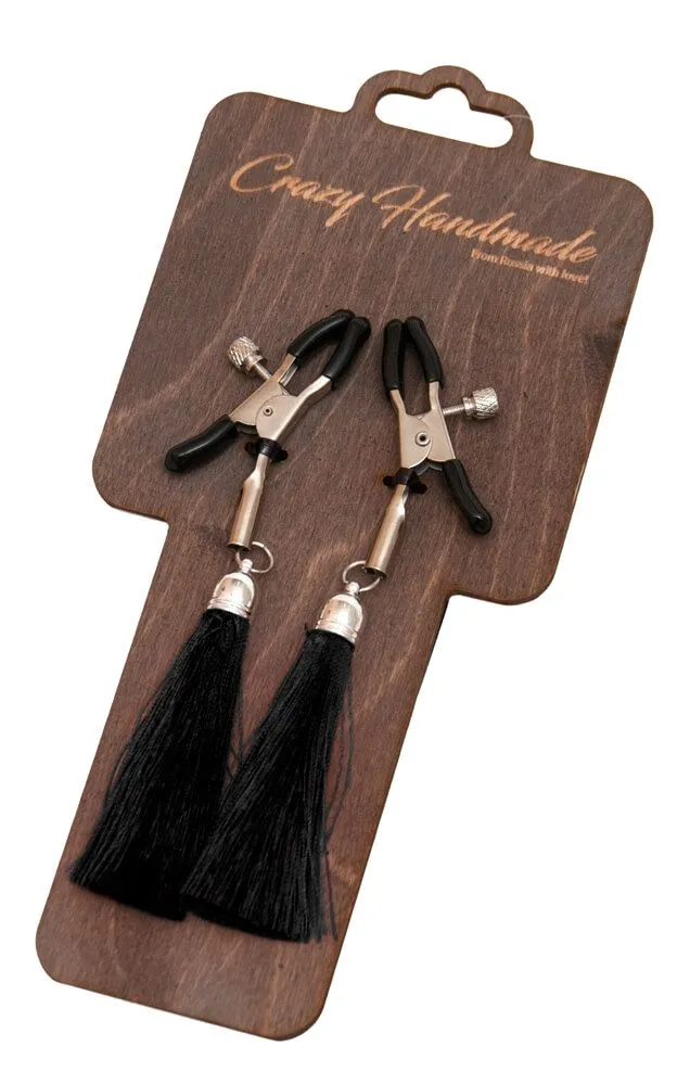 Зажимы на соски PinkRabbit с кисточками из шелка, черные