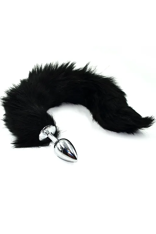 Серебристая анальная пробка с черным гибким хвостом (Small)
