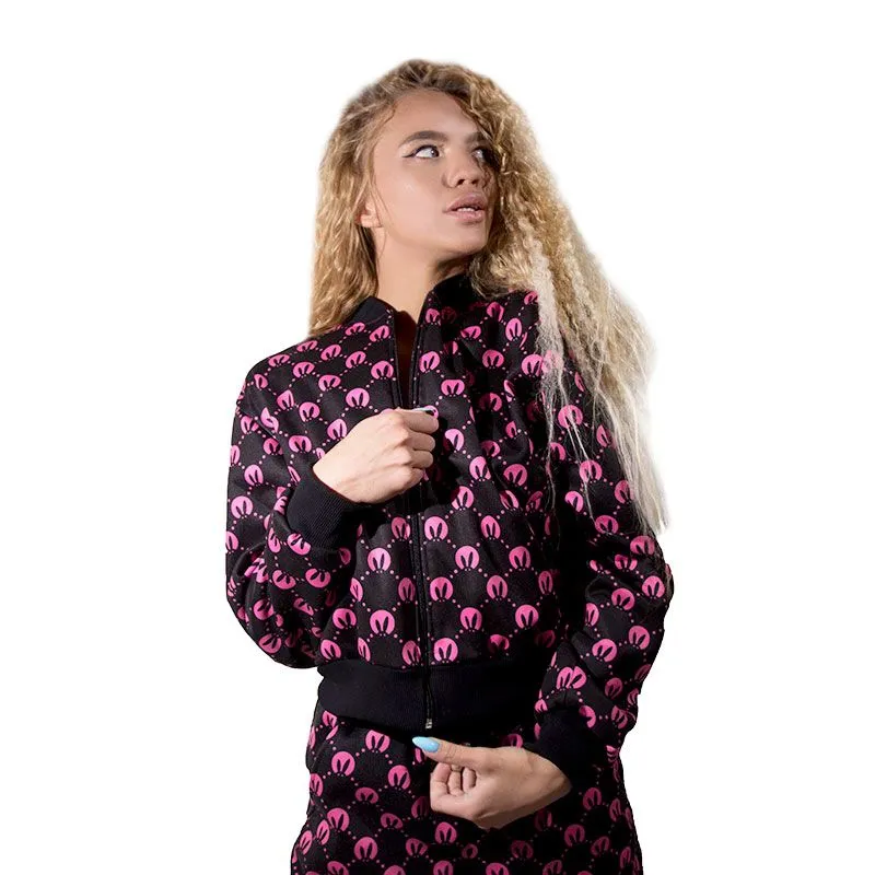 Костюм женский спортивный PinkRabbit, черный с розовым паттерном