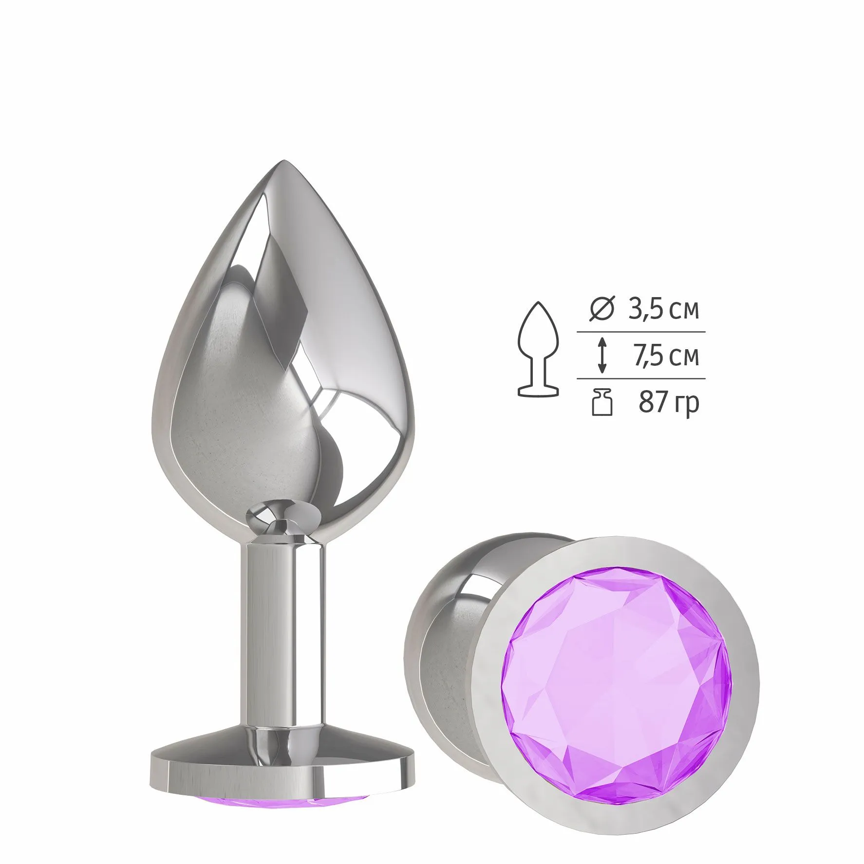 Анальная втулка Silver средняя c сиреневым кристаллом