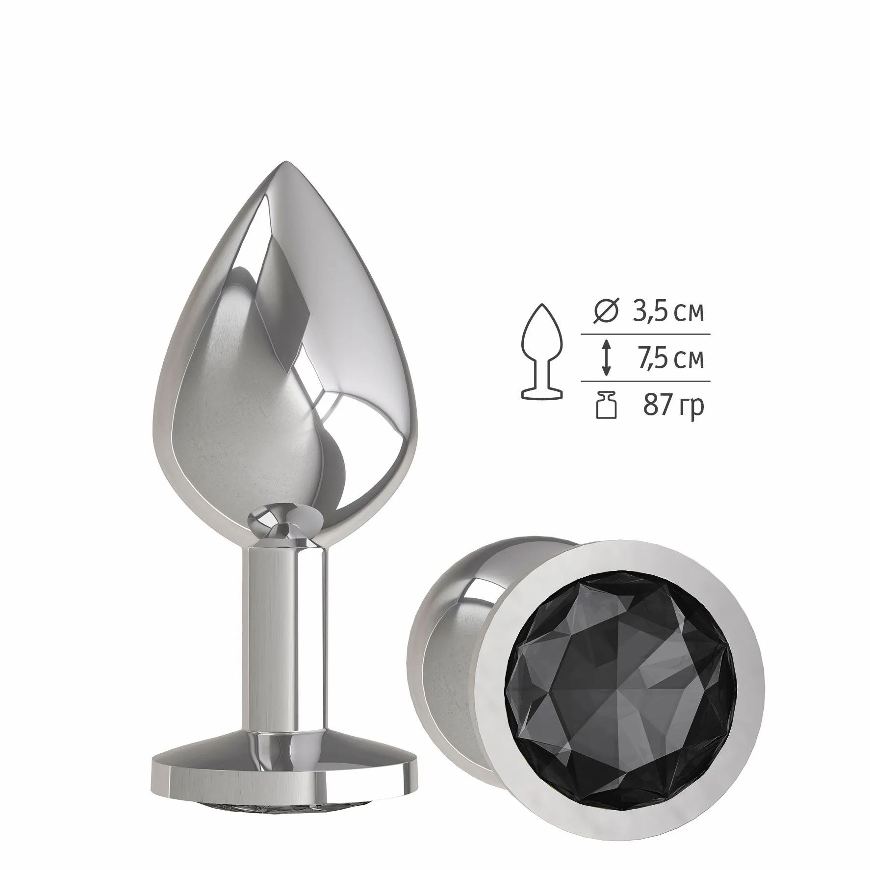 Анальная втулка Silver средняя c черным кристаллом