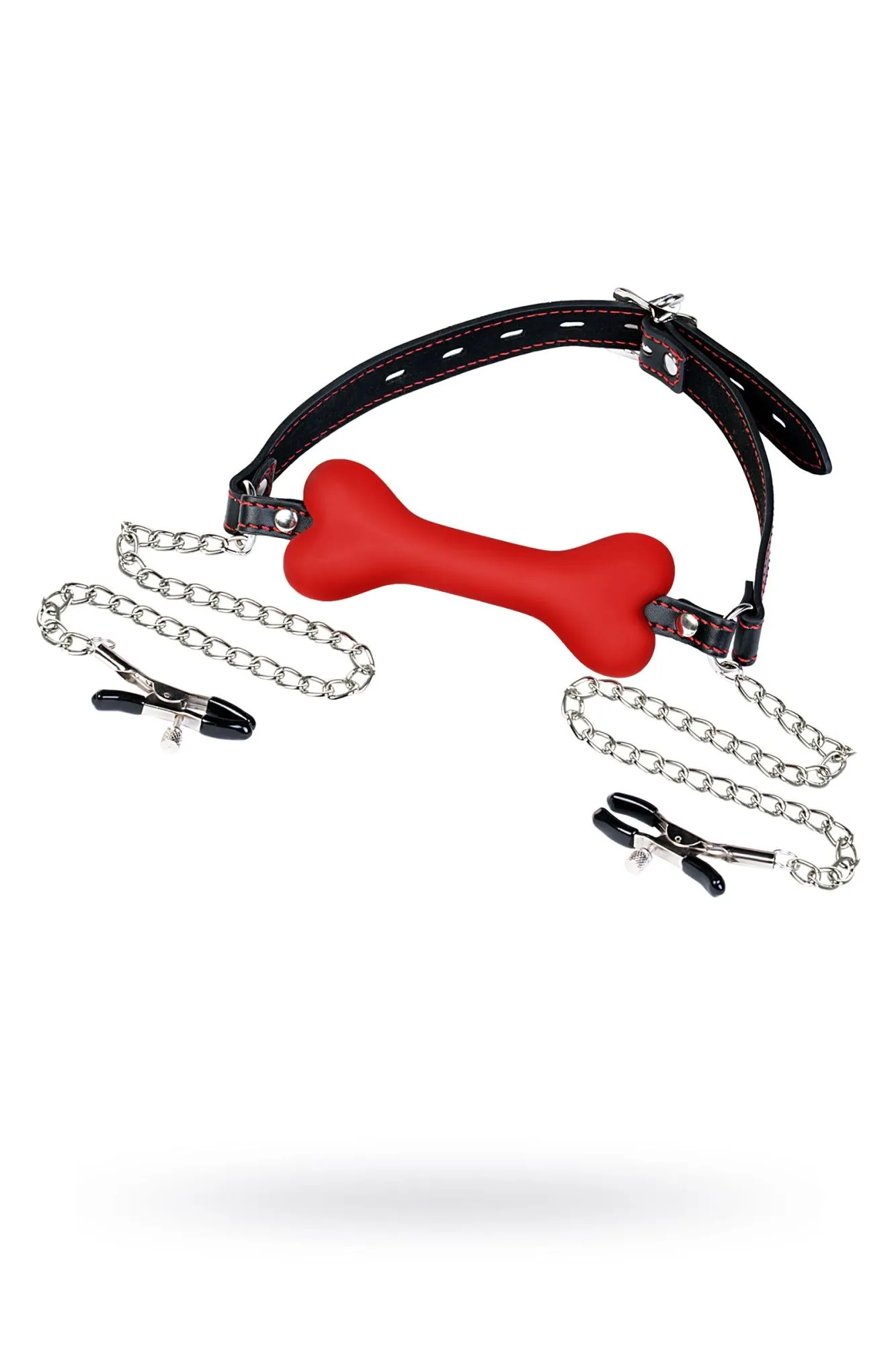 кляп-трензель toyfa theatre, в виде косточки с зажимами для сосков, красный в России