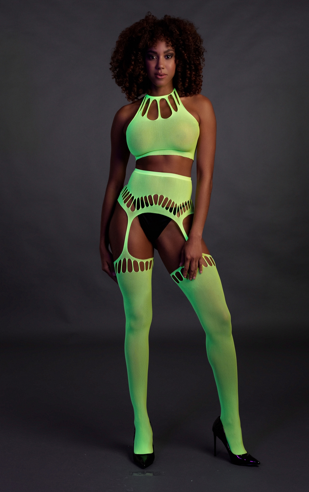 Эротическое топ в комплекте с чулками и трусиками two piece with crop top and stockings - green - xs/xl в России