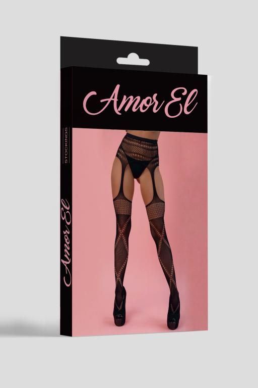 Эротическое колготки (имитация чулок с поясом) amor el (s/l) с перекрестным узором, черные в России