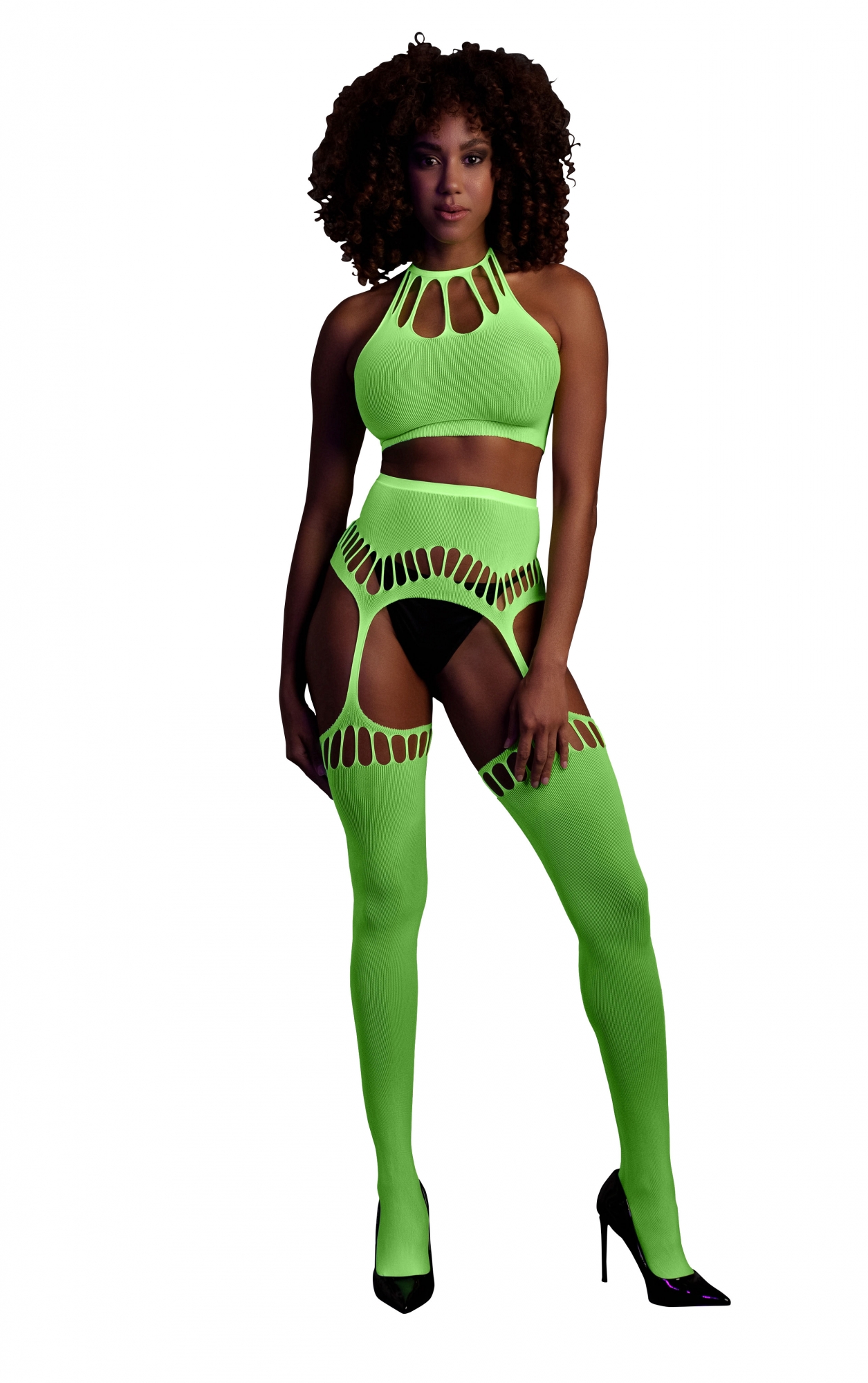 Эротическое топ в комплекте с чулками и трусиками two piece with crop top and stockings - green - xs/xl в России