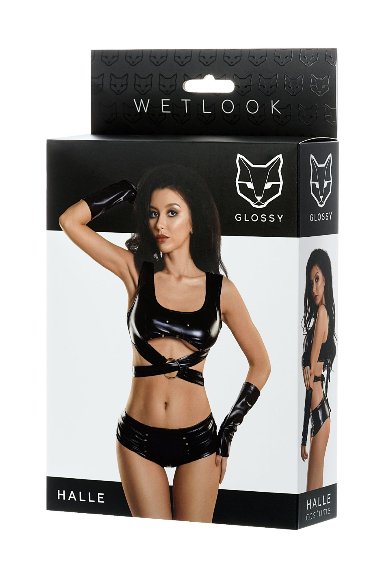 Эротическое комплект glossy halle из материала wetlook (топ, мини-шорты и перчатки), черный, м в России