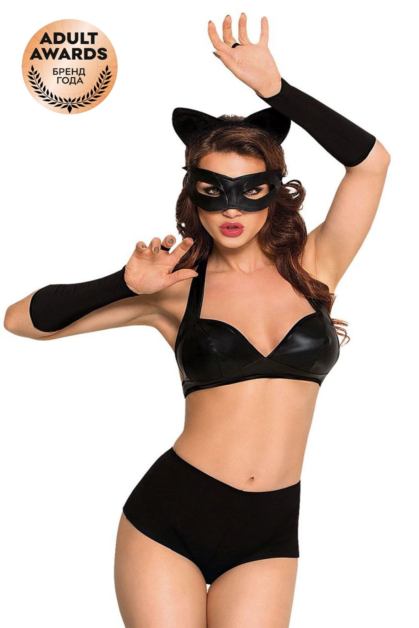 Эротическое костюм softline collection catwoman (бюстгальтер,шортики,головной убор,маска,перчатки), черный, l в России