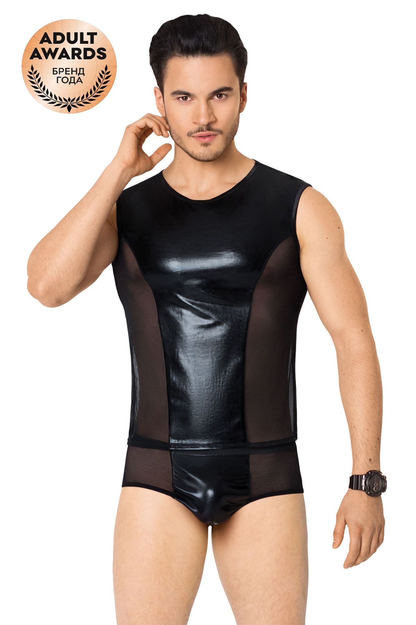 Эротическое костюм сетка + wetlook мужской softline collection (майка, шорты), черный, xl в России