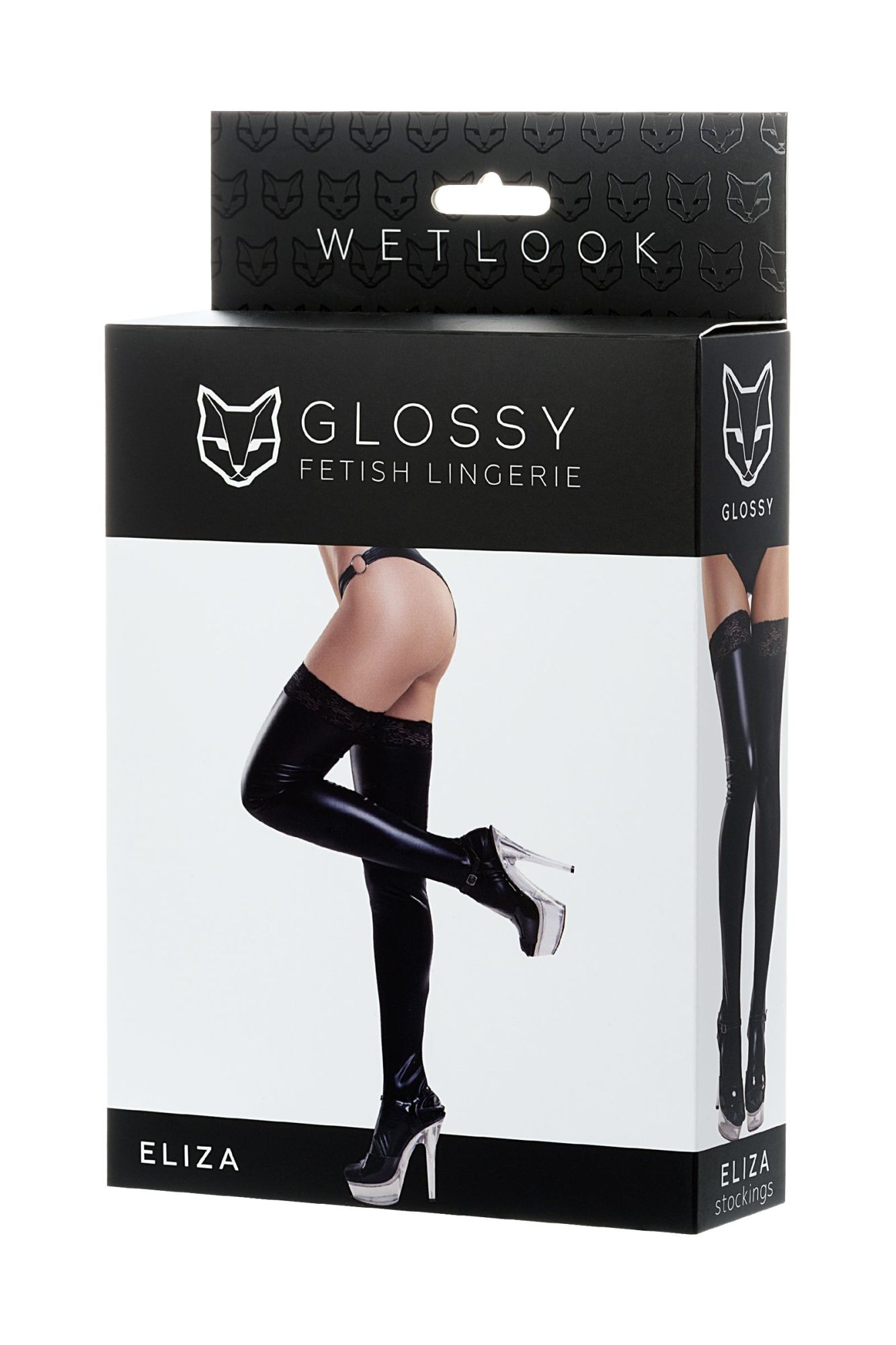 Эротическое чулки glossy eliza из материала wetlook со вставкой из кружева, черный, xl в России
