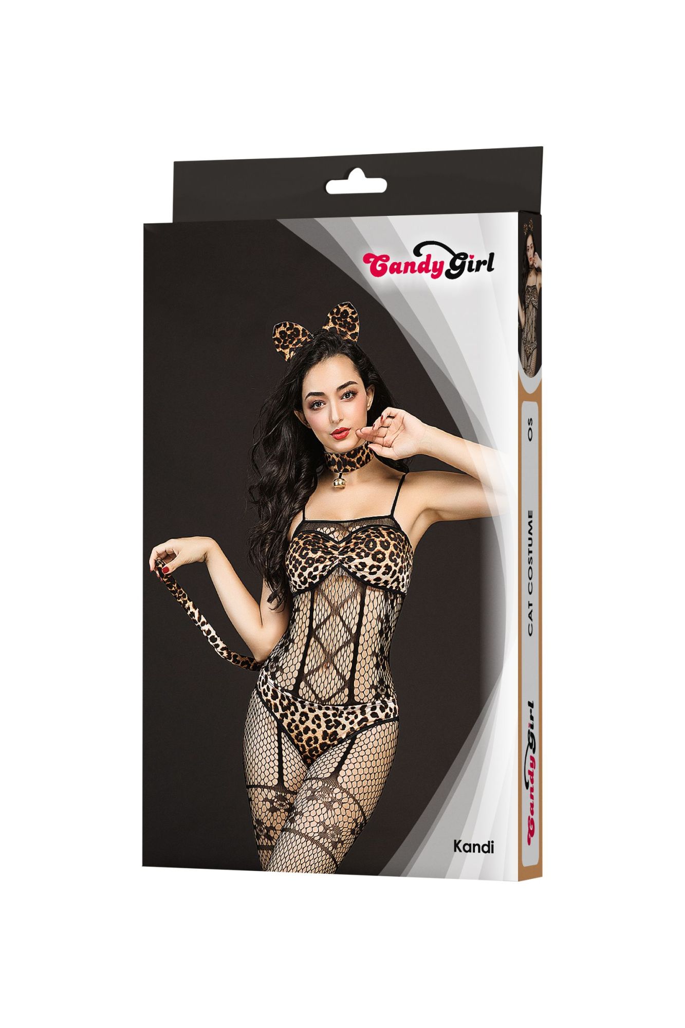 Эротическое костюм кошки candy girl kandi (костюм-сетка,топ,трусы с хвостом,чокер,головной убор), черный,os в России
