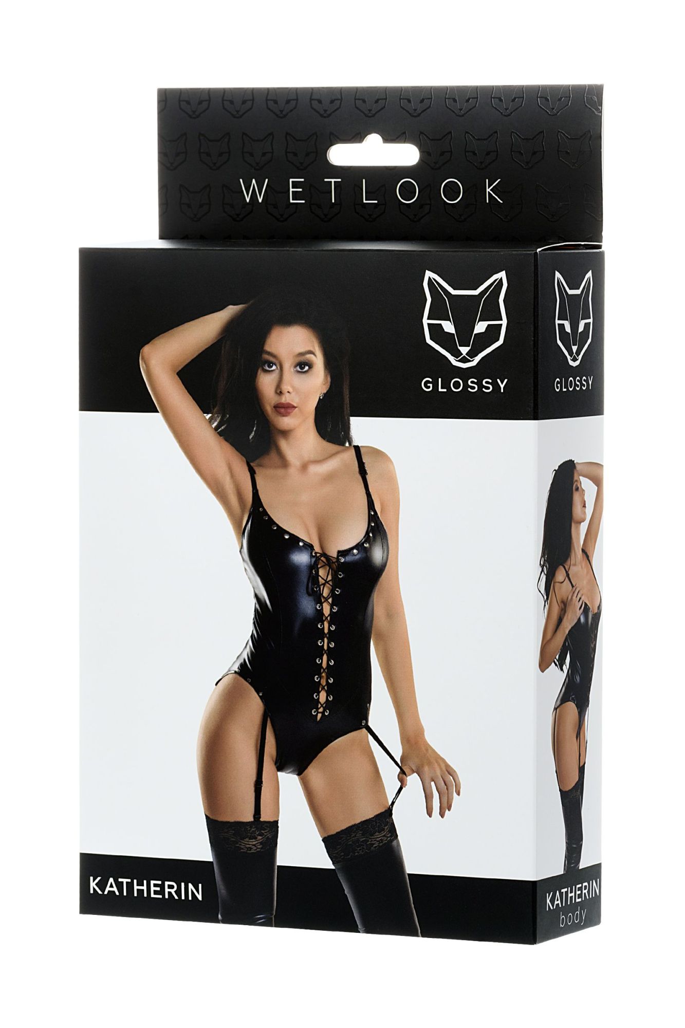 Эротическое боди glossy katherin из материала wetlook на шнуровке, черное, l в России