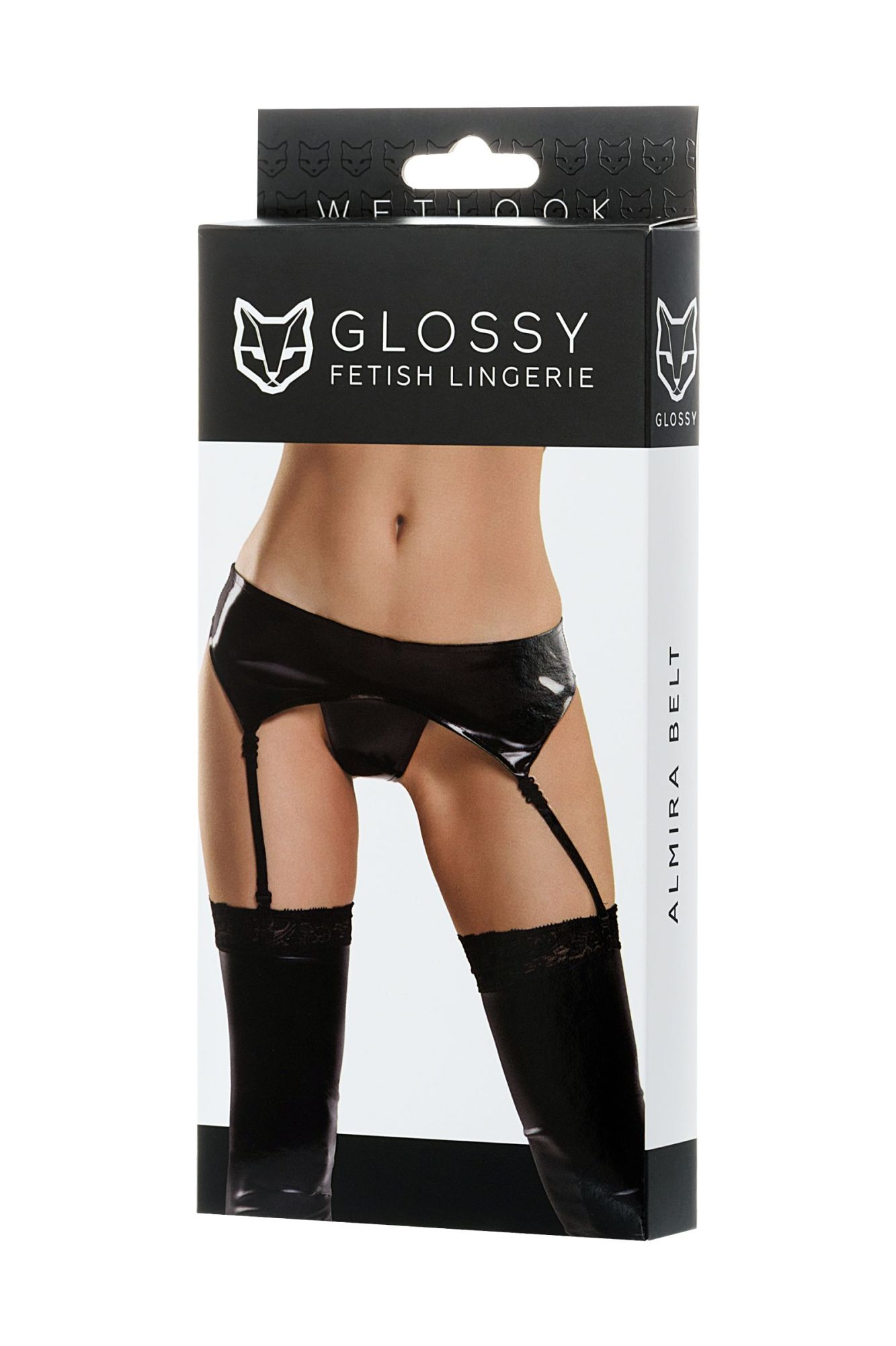Эротическое комплект glossy almira из материала wetlook (пояс с пажами для чулок и трусики), черный, m в России